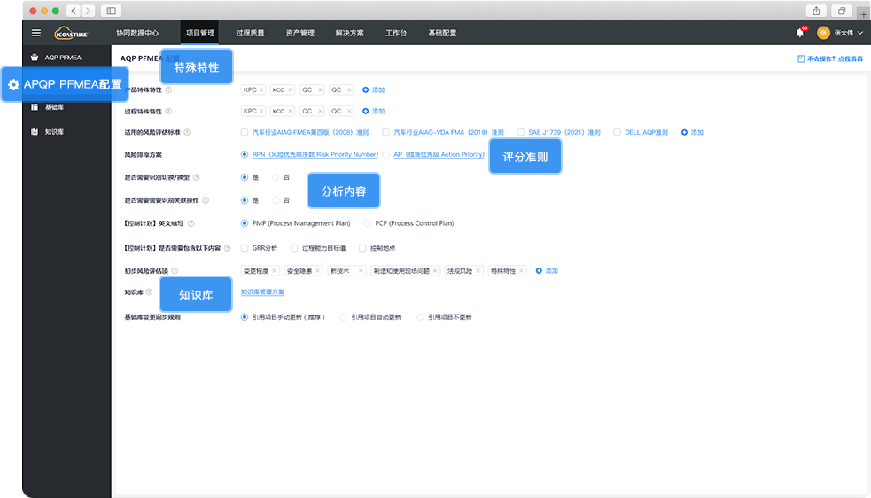 AQP  FMEA支持特殊特性、评分准则、分析内容、知识库类型、同步方式等，丰富的自定义功能，轻松符合企业的个性化需求。